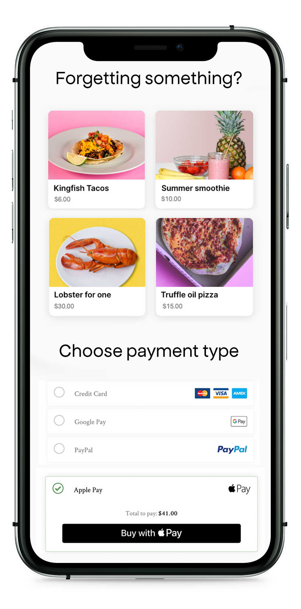 HungryHungry Payment page on mobile interface with various food ordering suggestions